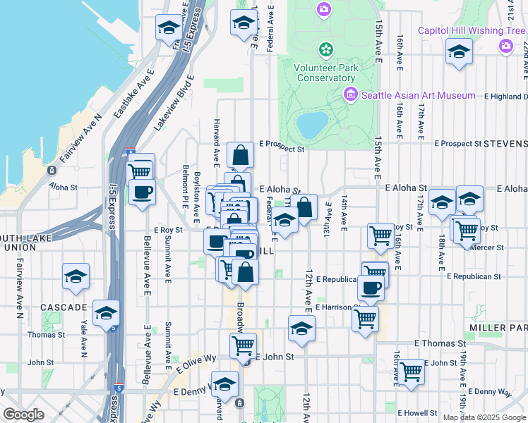 map of restaurants, bars, coffee shops, grocery stores, and more near 871 11th Avenue East in Seattle