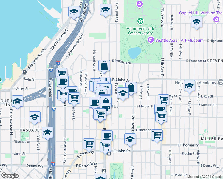 map of restaurants, bars, coffee shops, grocery stores, and more near 739 10th Avenue East in Seattle