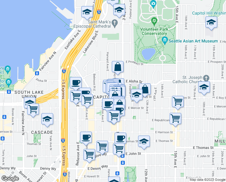 map of restaurants, bars, coffee shops, grocery stores, and more near 752 Harvard Avenue East in Seattle