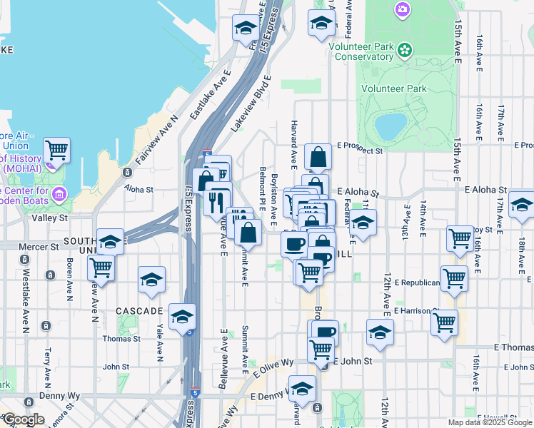 map of restaurants, bars, coffee shops, grocery stores, and more near 745 Boylston Avenue East in Seattle