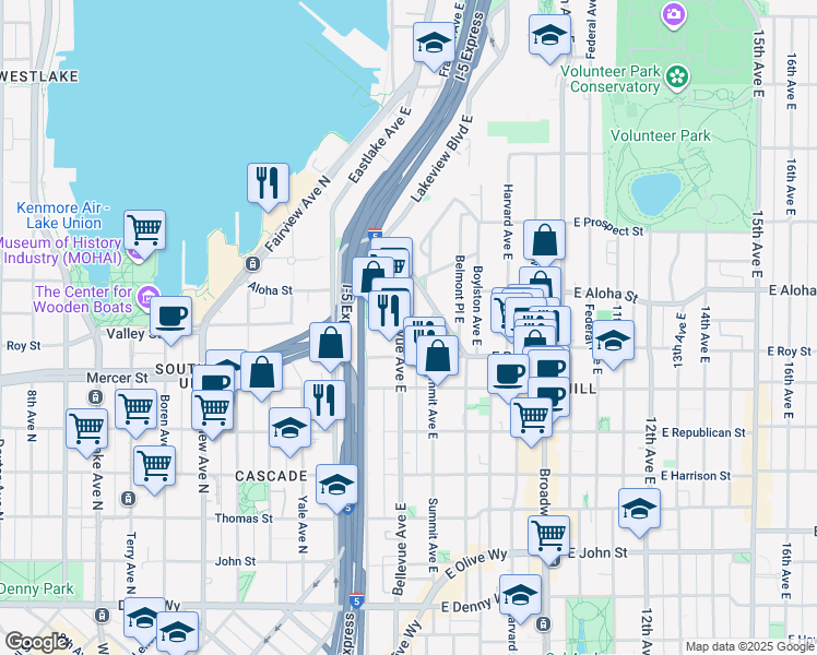 map of restaurants, bars, coffee shops, grocery stores, and more near in Seattle