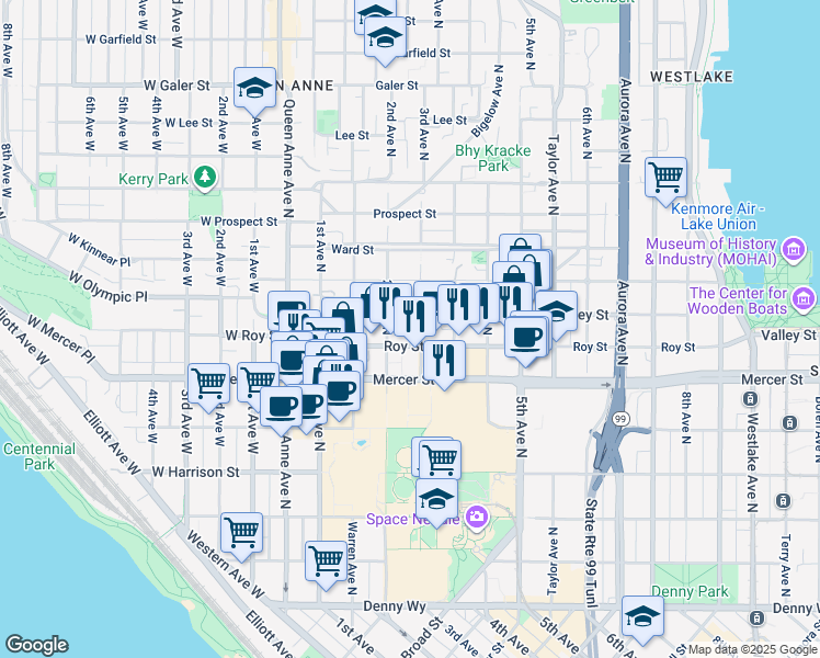map of restaurants, bars, coffee shops, grocery stores, and more near 801 3rd Avenue North in Seattle