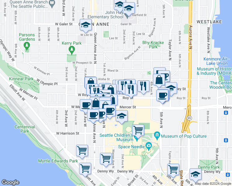 map of restaurants, bars, coffee shops, grocery stores, and more near 154 Valley Street in Seattle