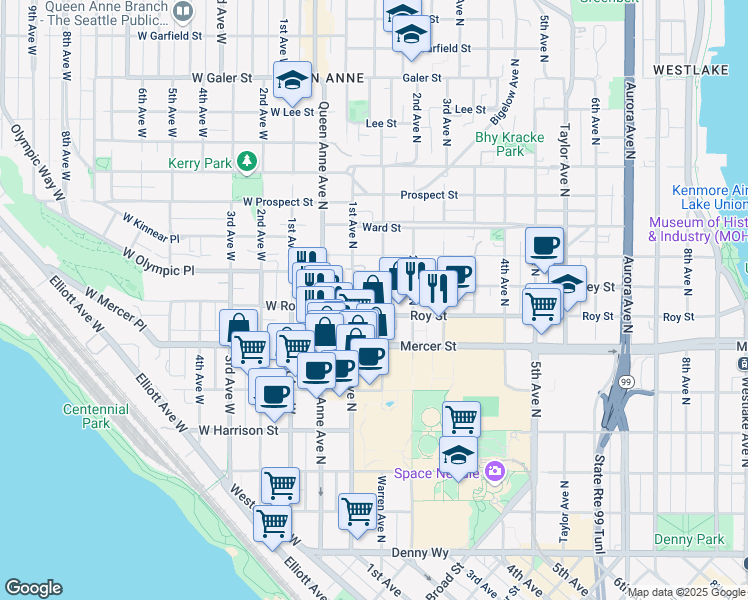 map of restaurants, bars, coffee shops, grocery stores, and more near 8 Valley Street in Seattle