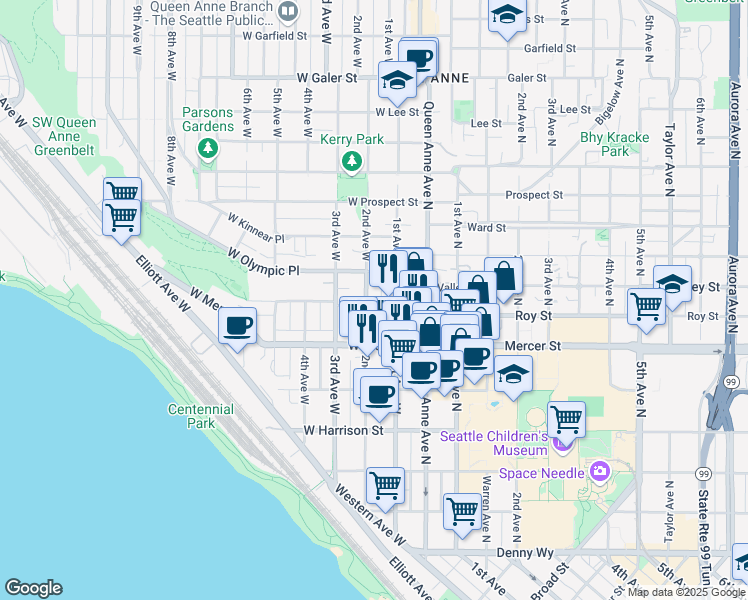 map of restaurants, bars, coffee shops, grocery stores, and more near in Seattle