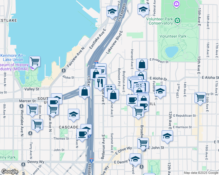 map of restaurants, bars, coffee shops, grocery stores, and more near 750 Belmont Avenue East in Seattle
