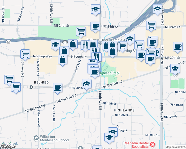 map of restaurants, bars, coffee shops, grocery stores, and more near 1645 140th Avenue Northeast in Bellevue