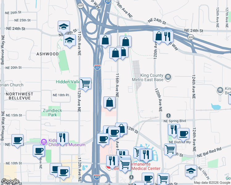 map of restaurants, bars, coffee shops, grocery stores, and more near 1845 116th Avenue Northeast in Bellevue