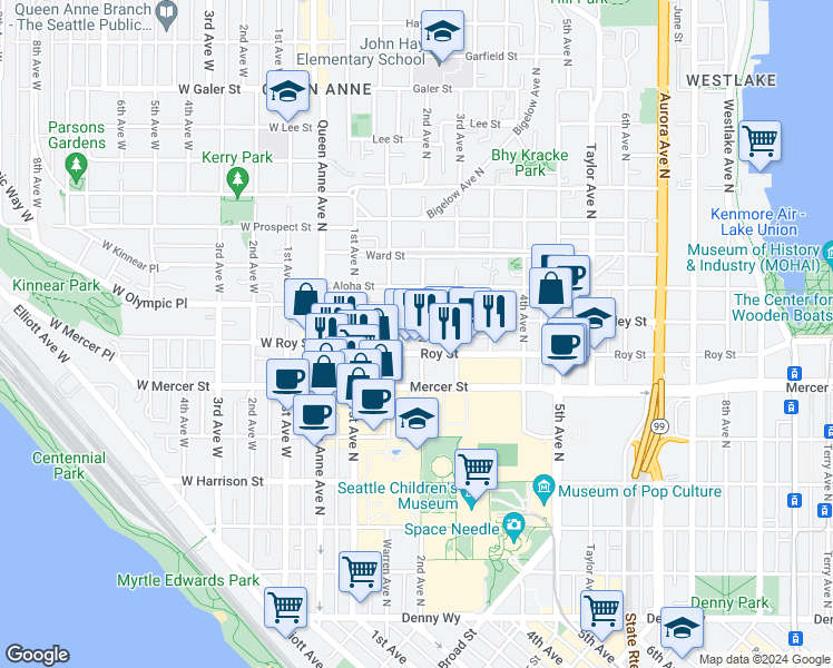 map of restaurants, bars, coffee shops, grocery stores, and more near 154 Valley Street in Seattle