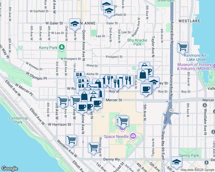 map of restaurants, bars, coffee shops, grocery stores, and more near 154 Valley Street in Seattle