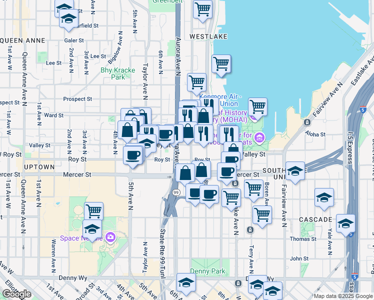 map of restaurants, bars, coffee shops, grocery stores, and more near 717 Dexter Avenue North in Seattle