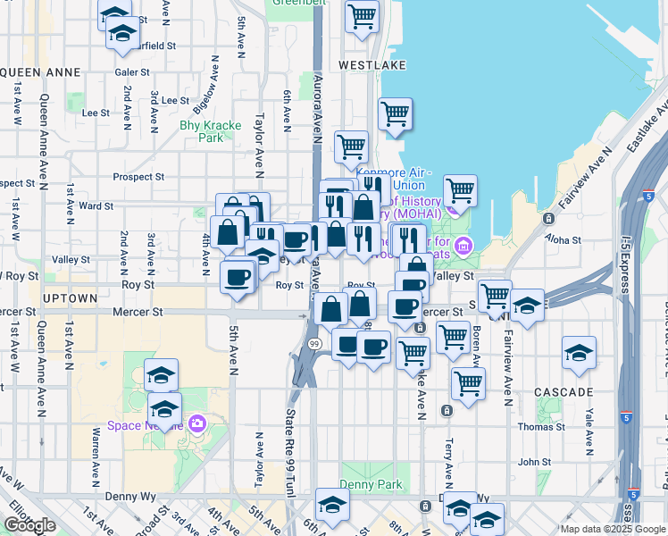 map of restaurants, bars, coffee shops, grocery stores, and more near 701 Aloha Street in Seattle