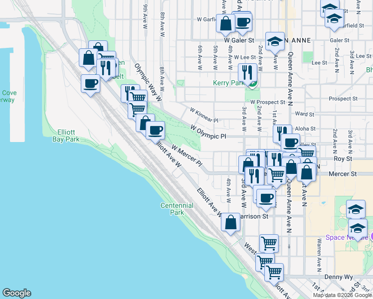 map of restaurants, bars, coffee shops, grocery stores, and more near 899 West Olympic Place in Seattle