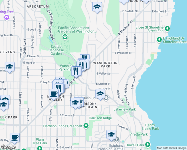 map of restaurants, bars, coffee shops, grocery stores, and more near 652 32nd Avenue East in Seattle