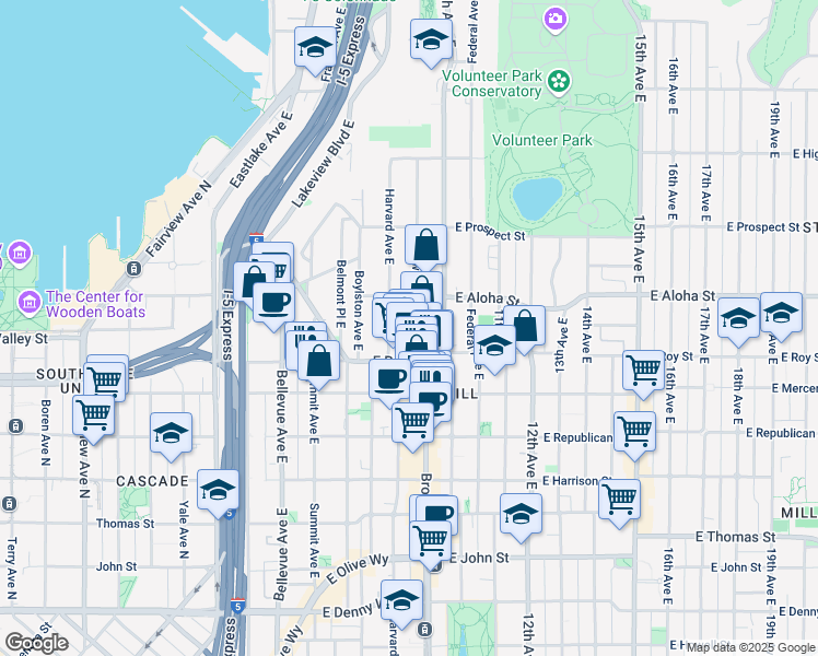 map of restaurants, bars, coffee shops, grocery stores, and more near 752 Harvard Avenue East in Seattle