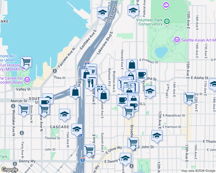map of restaurants, bars, coffee shops, grocery stores, and more near 750 Belmont Avenue East in Seattle