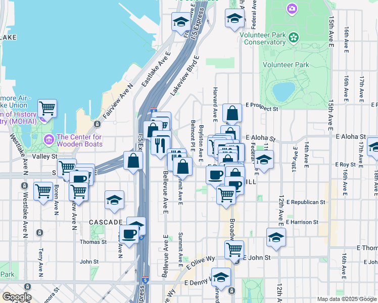 map of restaurants, bars, coffee shops, grocery stores, and more near 750 Belmont Avenue East in Seattle