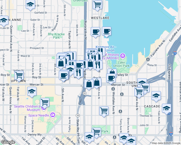 map of restaurants, bars, coffee shops, grocery stores, and more near 701 Aloha Street in Seattle