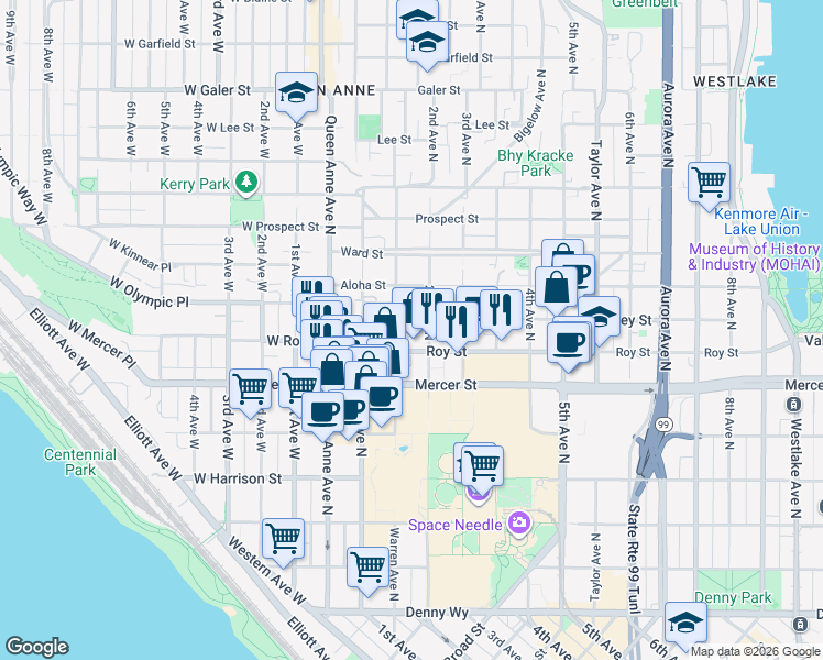 map of restaurants, bars, coffee shops, grocery stores, and more near 154 Valley Street in Seattle