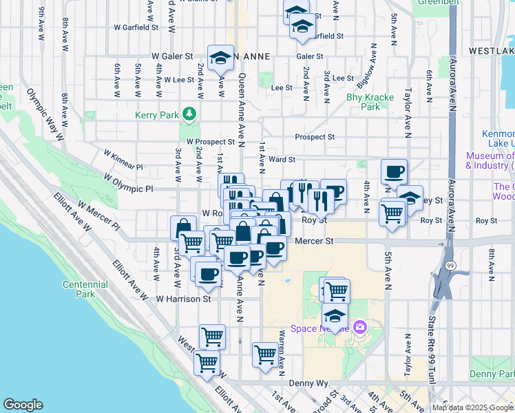 map of restaurants, bars, coffee shops, grocery stores, and more near 8 Valley Street in Seattle