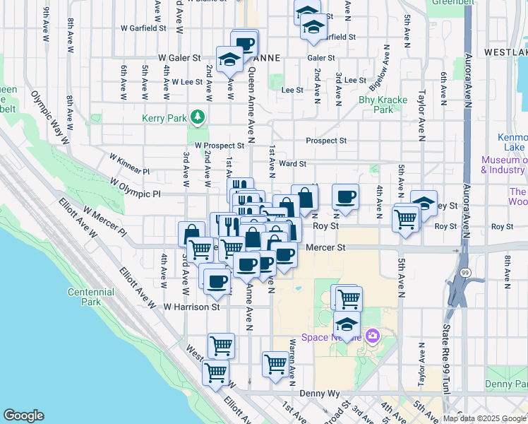 map of restaurants, bars, coffee shops, grocery stores, and more near 800 Queen Anne Avenue North in Seattle