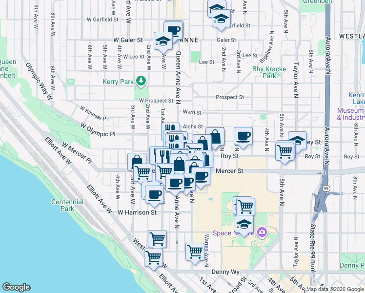 map of restaurants, bars, coffee shops, grocery stores, and more near 800 Queen Anne Avenue North in Seattle