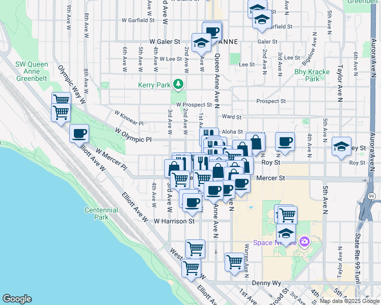 map of restaurants, bars, coffee shops, grocery stores, and more near in Seattle