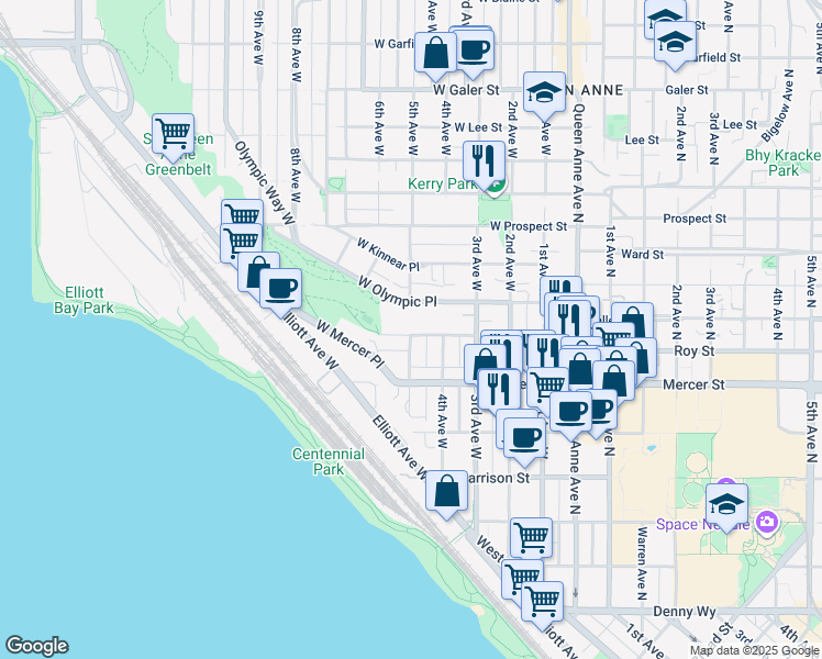 map of restaurants, bars, coffee shops, grocery stores, and more near 341 West Olympic Place in Seattle