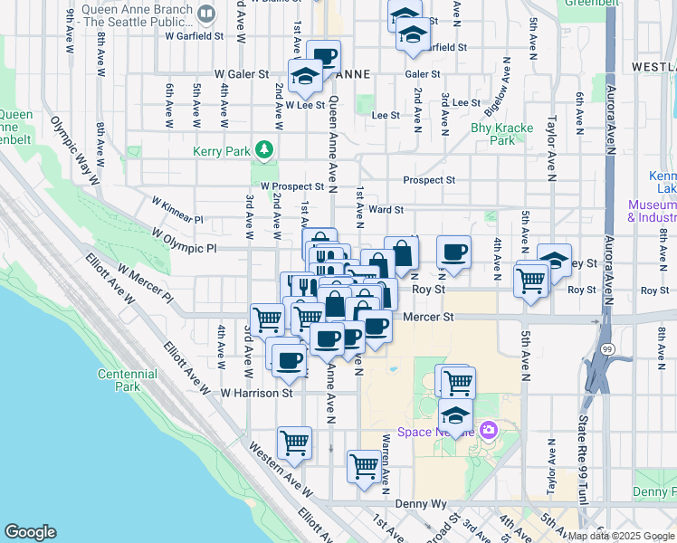 map of restaurants, bars, coffee shops, grocery stores, and more near 720 Queen Anne Avenue North in Seattle