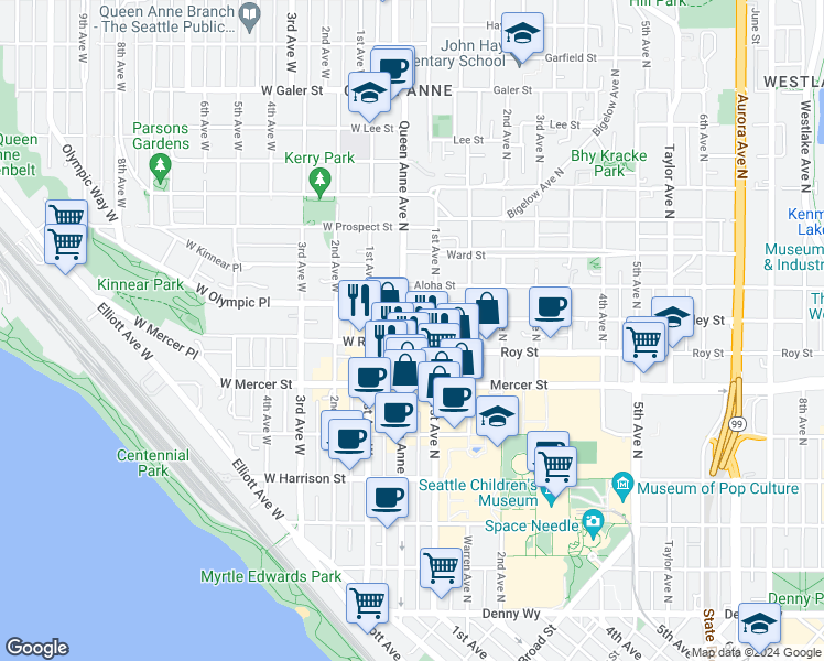 map of restaurants, bars, coffee shops, grocery stores, and more near 800 Queen Anne Avenue North in Seattle