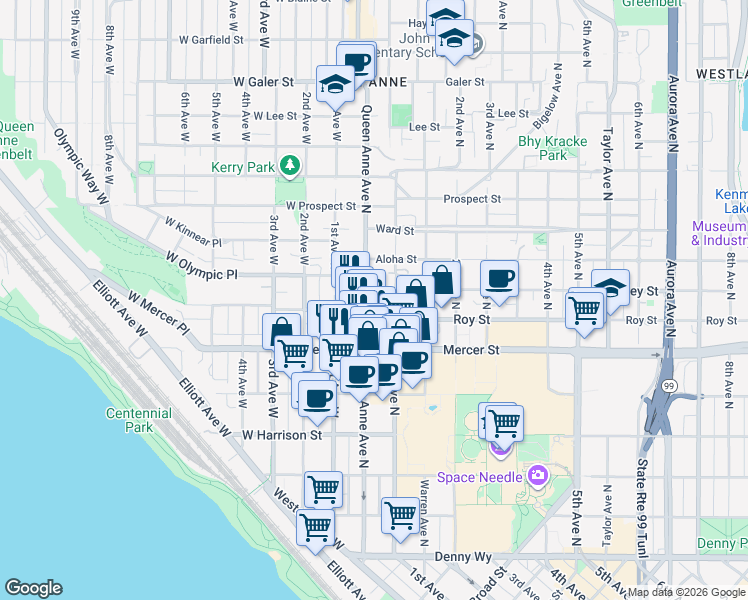 map of restaurants, bars, coffee shops, grocery stores, and more near 720 Queen Anne Avenue North in Seattle