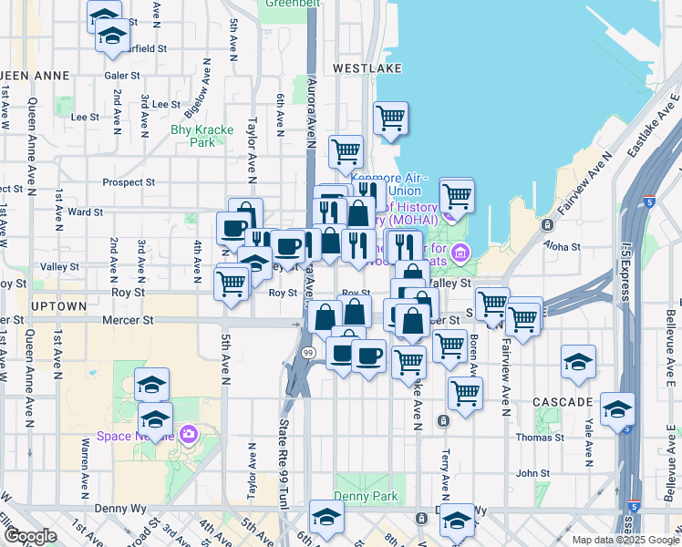 map of restaurants, bars, coffee shops, grocery stores, and more near 700 Dexter Avenue North in Seattle