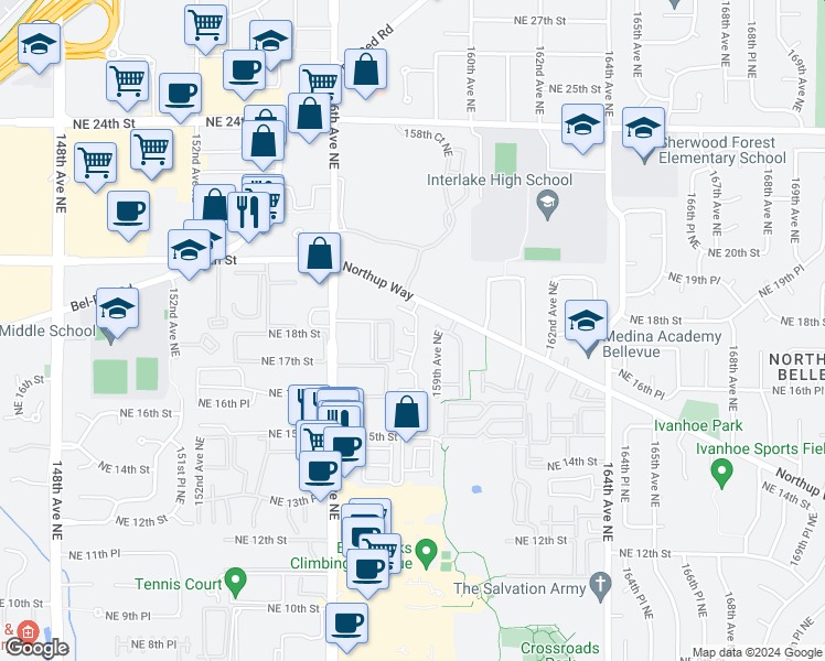 map of restaurants, bars, coffee shops, grocery stores, and more near 15817 Northup Way in Bellevue