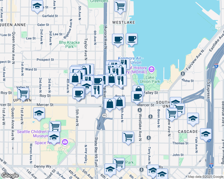 map of restaurants, bars, coffee shops, grocery stores, and more near 701 Aloha Street in Seattle