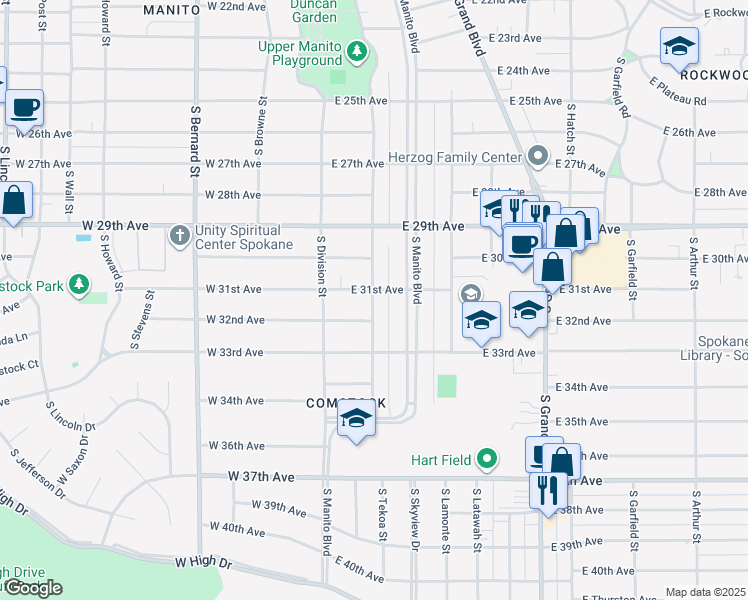 map of restaurants, bars, coffee shops, grocery stores, and more near in Spokane