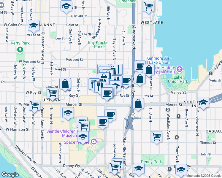 map of restaurants, bars, coffee shops, grocery stores, and more near 700 5th Avenue North in Seattle