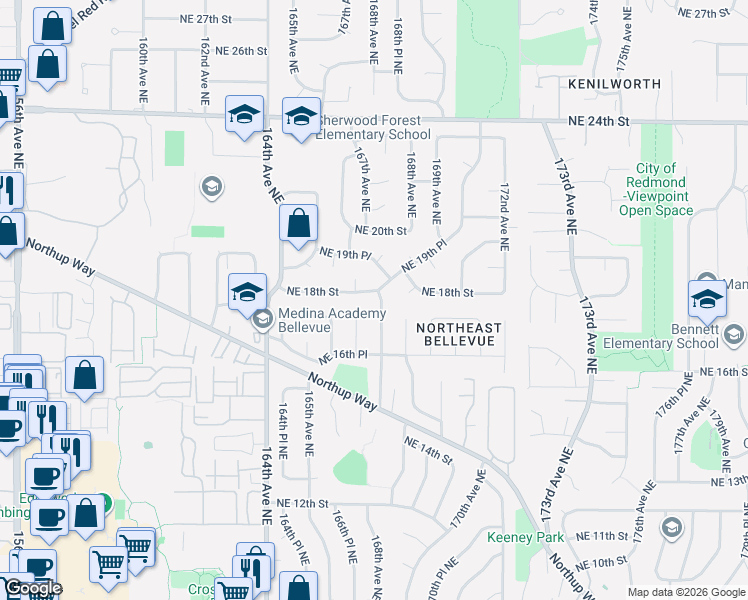 map of restaurants, bars, coffee shops, grocery stores, and more near 16717 Northeast 18th Street in Bellevue