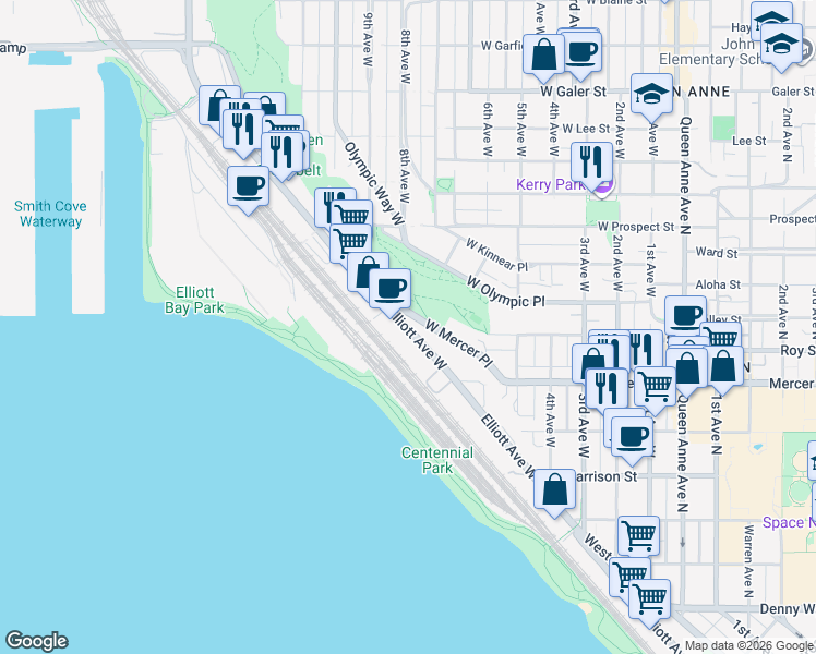 map of restaurants, bars, coffee shops, grocery stores, and more near Elliott Ave W in Seattle