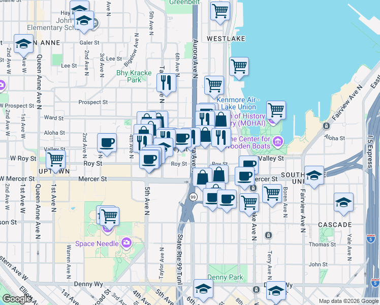 map of restaurants, bars, coffee shops, grocery stores, and more near 810 6th Avenue North in Seattle