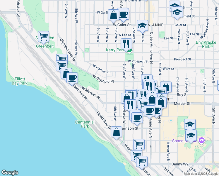 map of restaurants, bars, coffee shops, grocery stores, and more near 410 West Roy Street in Seattle