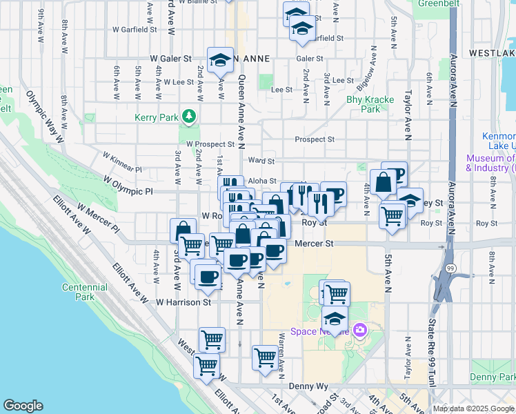 map of restaurants, bars, coffee shops, grocery stores, and more near 8 Valley Street in Seattle
