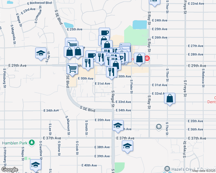map of restaurants, bars, coffee shops, grocery stores, and more near 3024 South Regal Street in Spokane