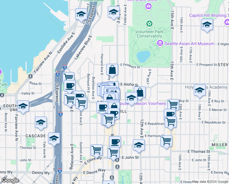 map of restaurants, bars, coffee shops, grocery stores, and more near 739 10th Avenue East in Seattle