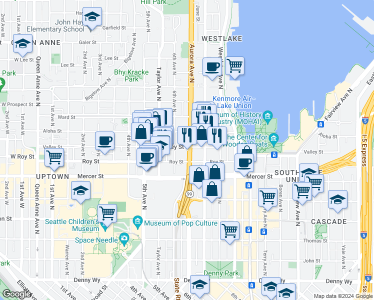 map of restaurants, bars, coffee shops, grocery stores, and more near 810 6th Avenue North in Seattle