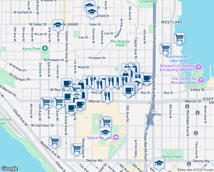 map of restaurants, bars, coffee shops, grocery stores, and more near 320 Valley Street in Seattle