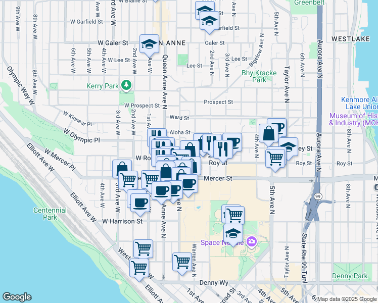 map of restaurants, bars, coffee shops, grocery stores, and more near 8 Valley Street in Seattle