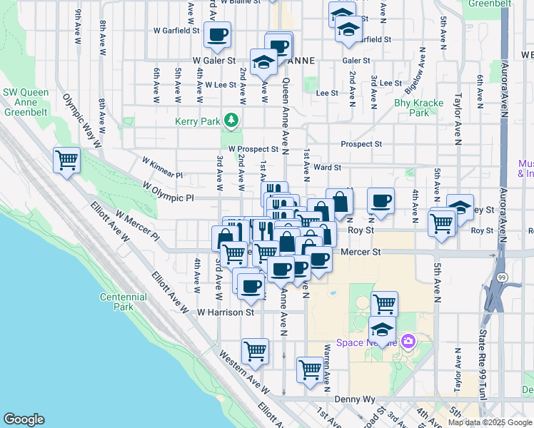map of restaurants, bars, coffee shops, grocery stores, and more near 101 West Olympic Place in Seattle