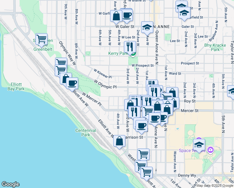 map of restaurants, bars, coffee shops, grocery stores, and more near 341 West Olympic Place in Seattle