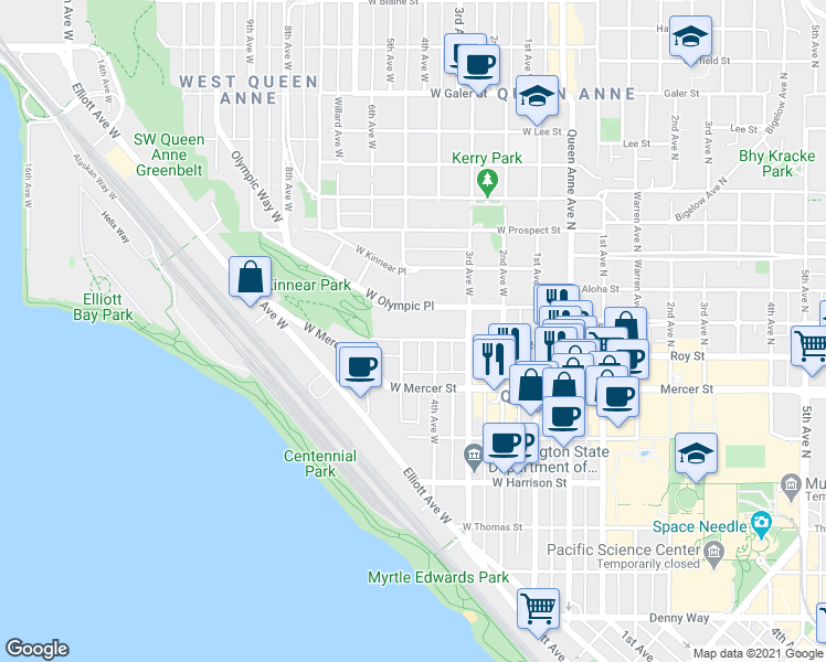 map of restaurants, bars, coffee shops, grocery stores, and more near 341 West Olympic Place in Seattle