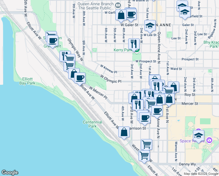 map of restaurants, bars, coffee shops, grocery stores, and more near 515 West Olympic Place in Seattle